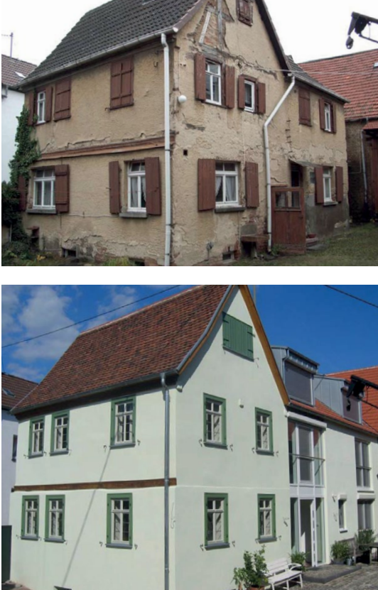 Energetische Sanierung eines Gebäudes in Wiesbaden, Vor und nach der Sanierung, Wohnhaus Hofreite Stolberger Straße. © Umweltamt Wiesbaden.