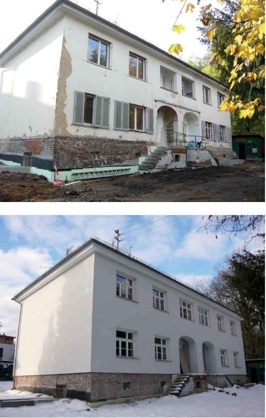 Zu sehen sind 2 Fotos: Energetische Sanierung eines denkmalgeschützten, freistehenden Gebäudes in Wiesbaden, Vor und nach der Sanierung, Wohnhaus Adlerstraße. ©Umweltamt Wiesbaden.