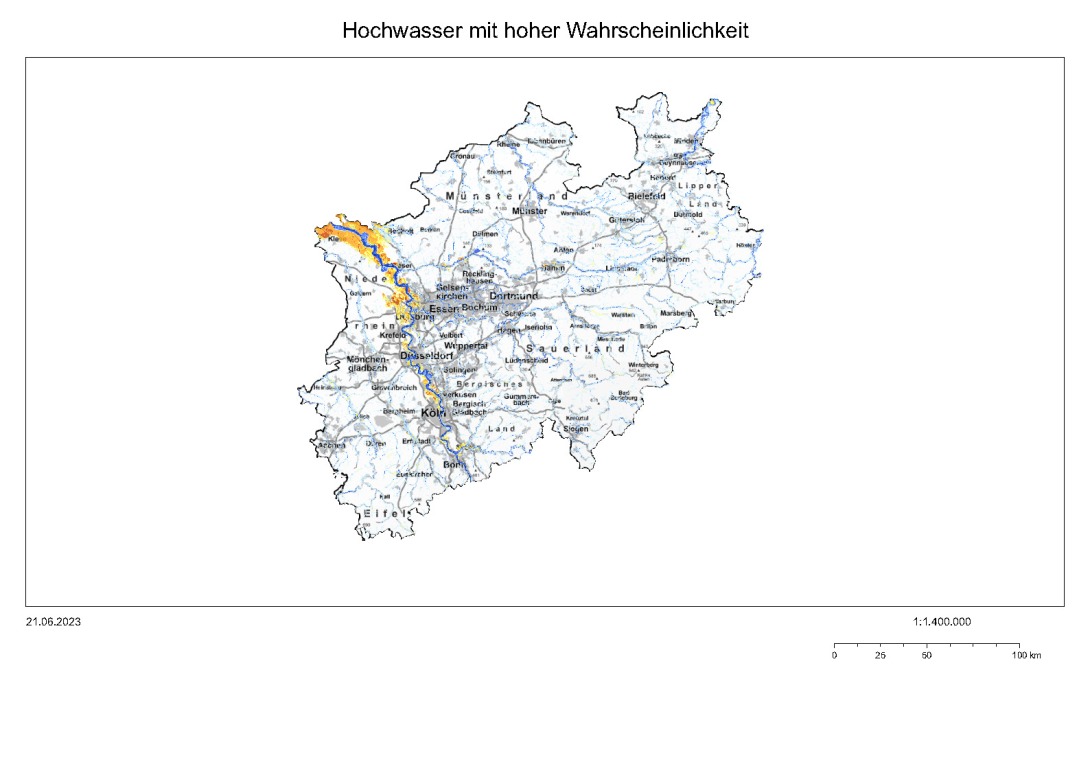 Klimaatlas NRW, Beispiel Hochwasser mit hoher Wahrscheinlichkeit. © GeoBasis NRW 2023, Fachdaten: LANUV 2023.