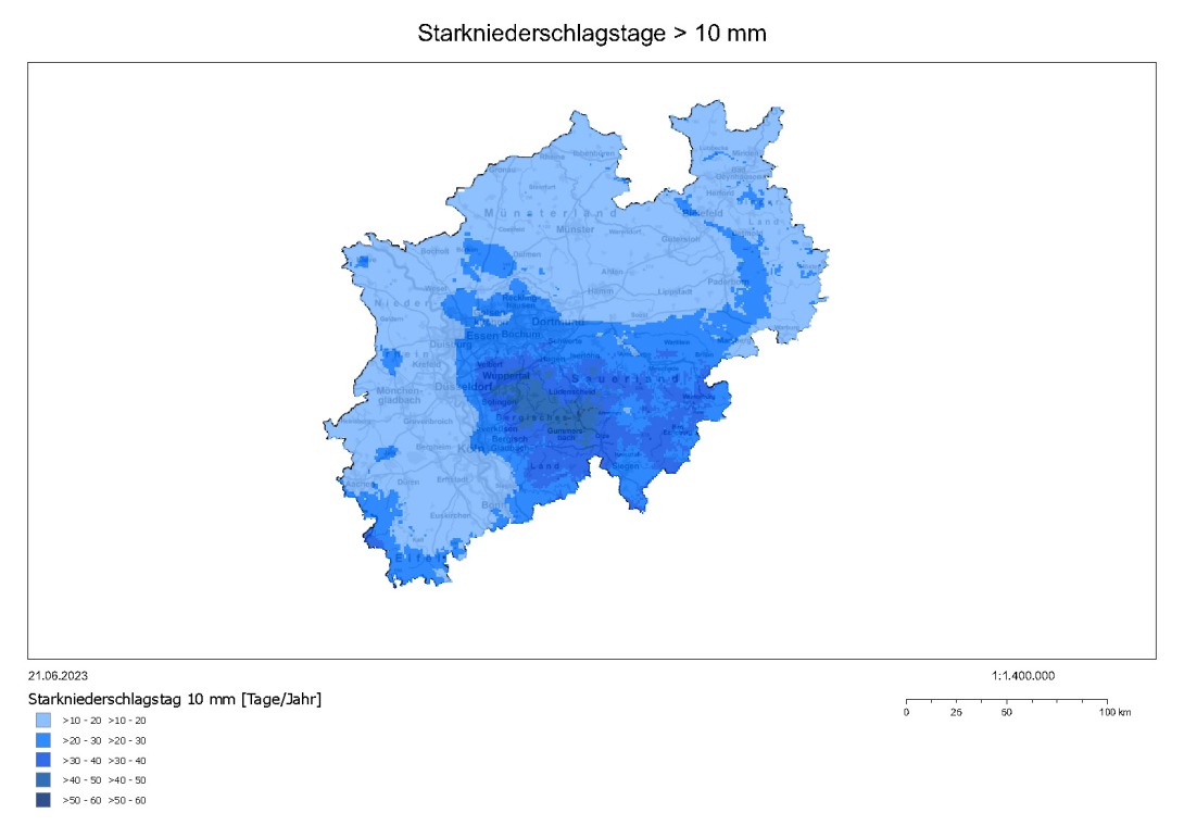 Klimaatlas NRW, Beispiel Themenkarte Starkniederschlagstage. © GeoBasis NRW 2023, Fachdaten: LANUV 2023.