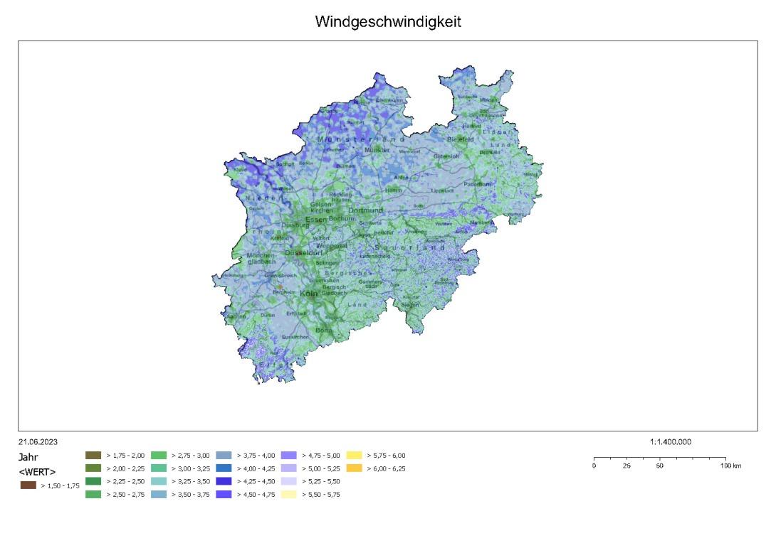 Klimaatlas NRW, Beispiel Themenkarte Windgeschwindigkeit. © GeoBasis NRW 2023, Fachdaten: LANUV 2023.